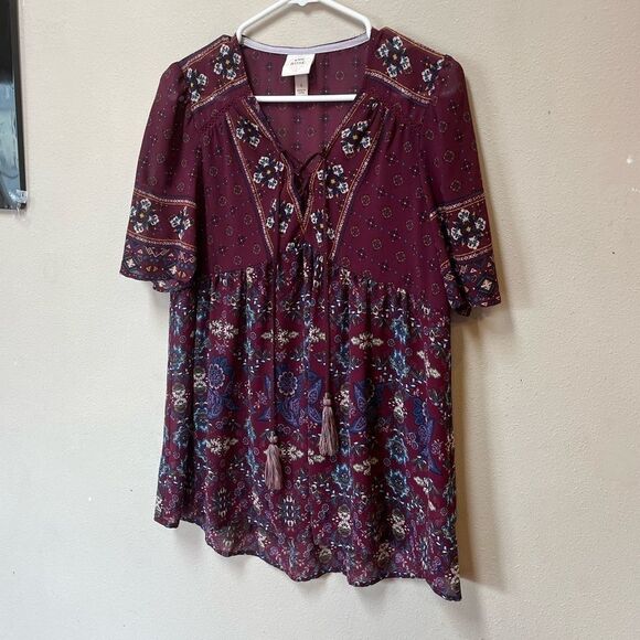 Knox Rose Women’s Small Purple Bohemian Baby Doll Floral Sheer Blouse - Picture 1 of 15